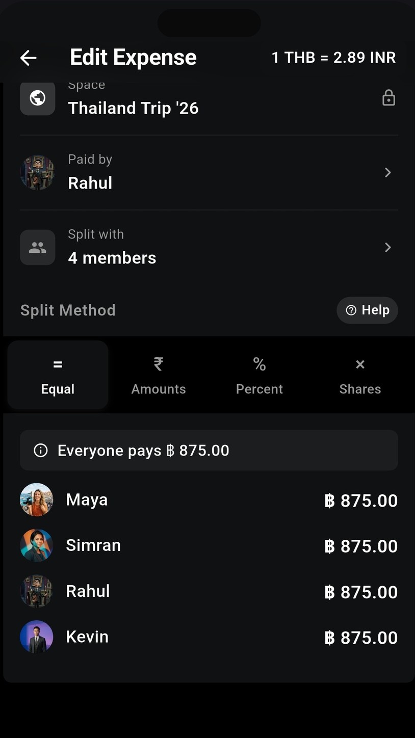 SpndX split expense screen